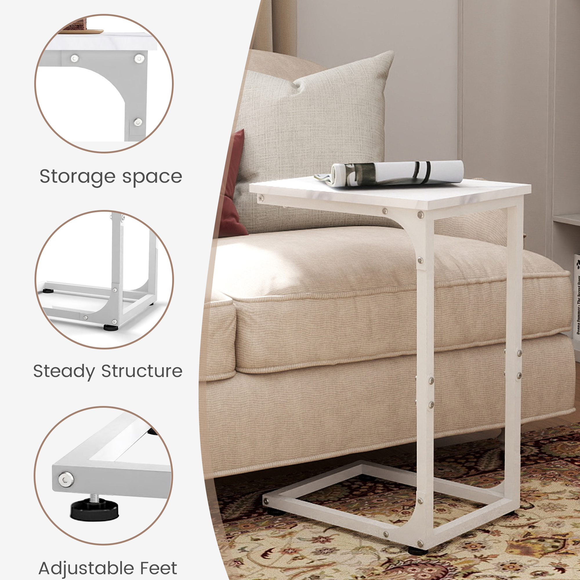 Melocadol C-Shaped End Table, C Shaped Under Couch Slider, Small Side Tables with Metal Frame, Adjustable Feet, for Living Room, Bedside, Sofa, TV Dinner, Recliner, White