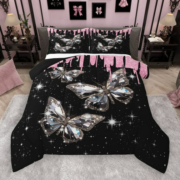 Castle Fairy Crystal Butterfly 2Pcs Bedding Comforter Set for Teens Girls Women,Bling Splash Glitter Twin Comforter Sets,Dreamy Princess Breathable Bedding Set,Ultra Soft Home Decor
