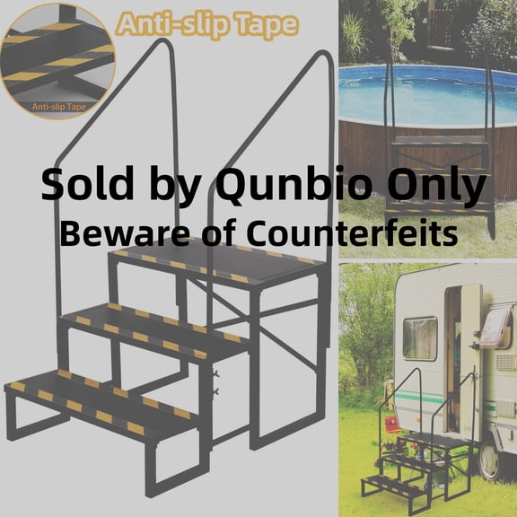 Qunbio 3 Steps RV Stairs with Anti-Slip Tapes & 2 Handrails, Hot Tub Steps, Mobile Home Stairs for RV & Travel Camper Trailers