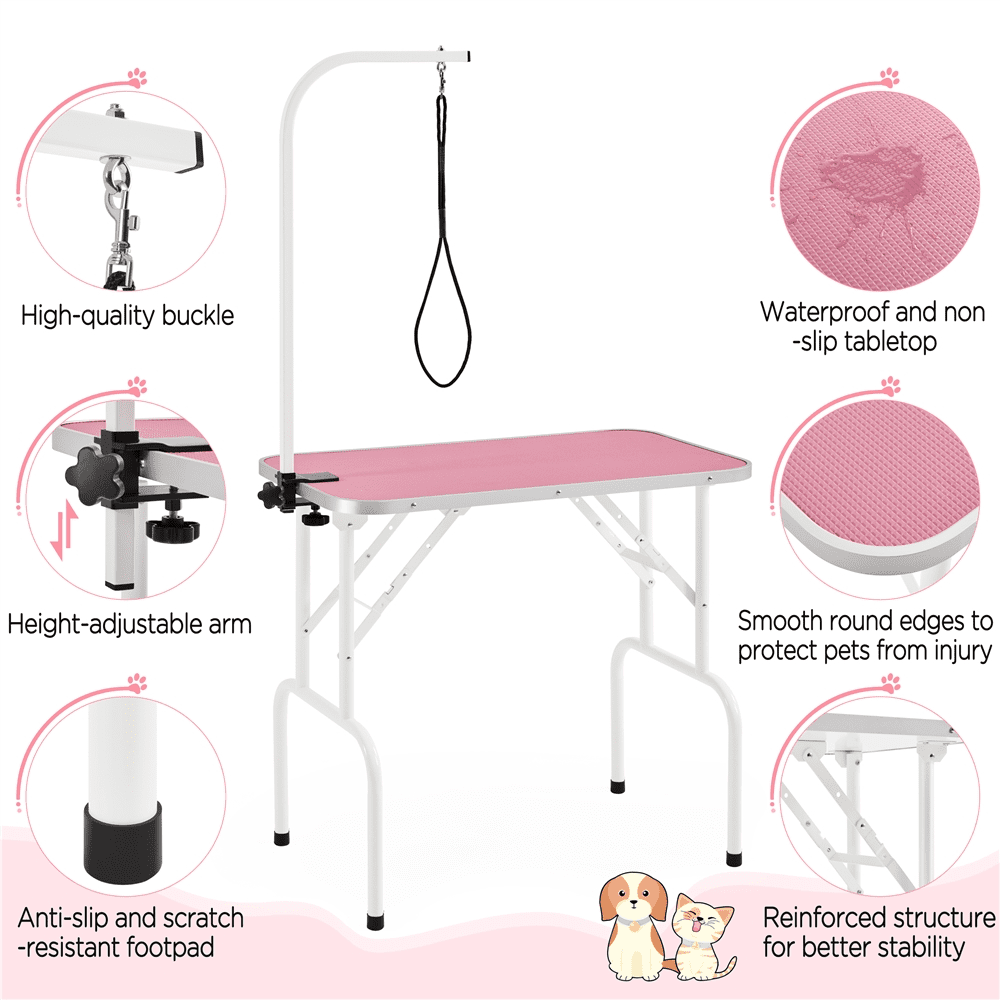 Alden Design 32"L Adjustable Foldable Pet Grooming Table, Pink