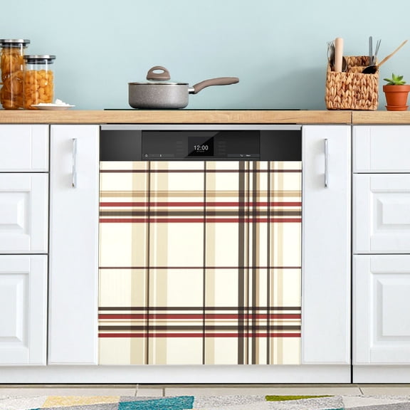 Yayeee Magnetic Dishwasher Cover for The Front Decoration Home Kitchen Machine Sticker Protector, Cream Plaid