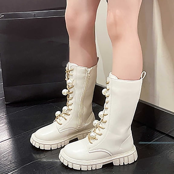 Bnwani Girls Winter Boots PU Leather Side Zipper Pearl Bow Boots 4-11 Years