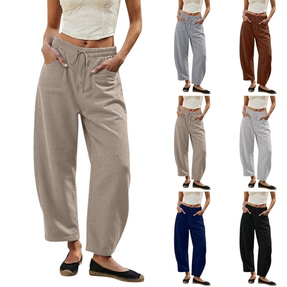 Siminsem Women Summer Crinkle Palazzo Pants High Waisted Wide Leg Linen Blend Trousers Loose Flowy Beach Vacation Outfits with Pockets Elastic Waist Drawstring Lounge Pant 2026, Khaki, L