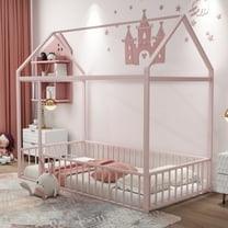 DreamBuck Metal Floor Bed, Twin Size House Floor Bed Frame with Fence for Teens, Floor Bed for Bedroom, Easy to Assemble, Pink