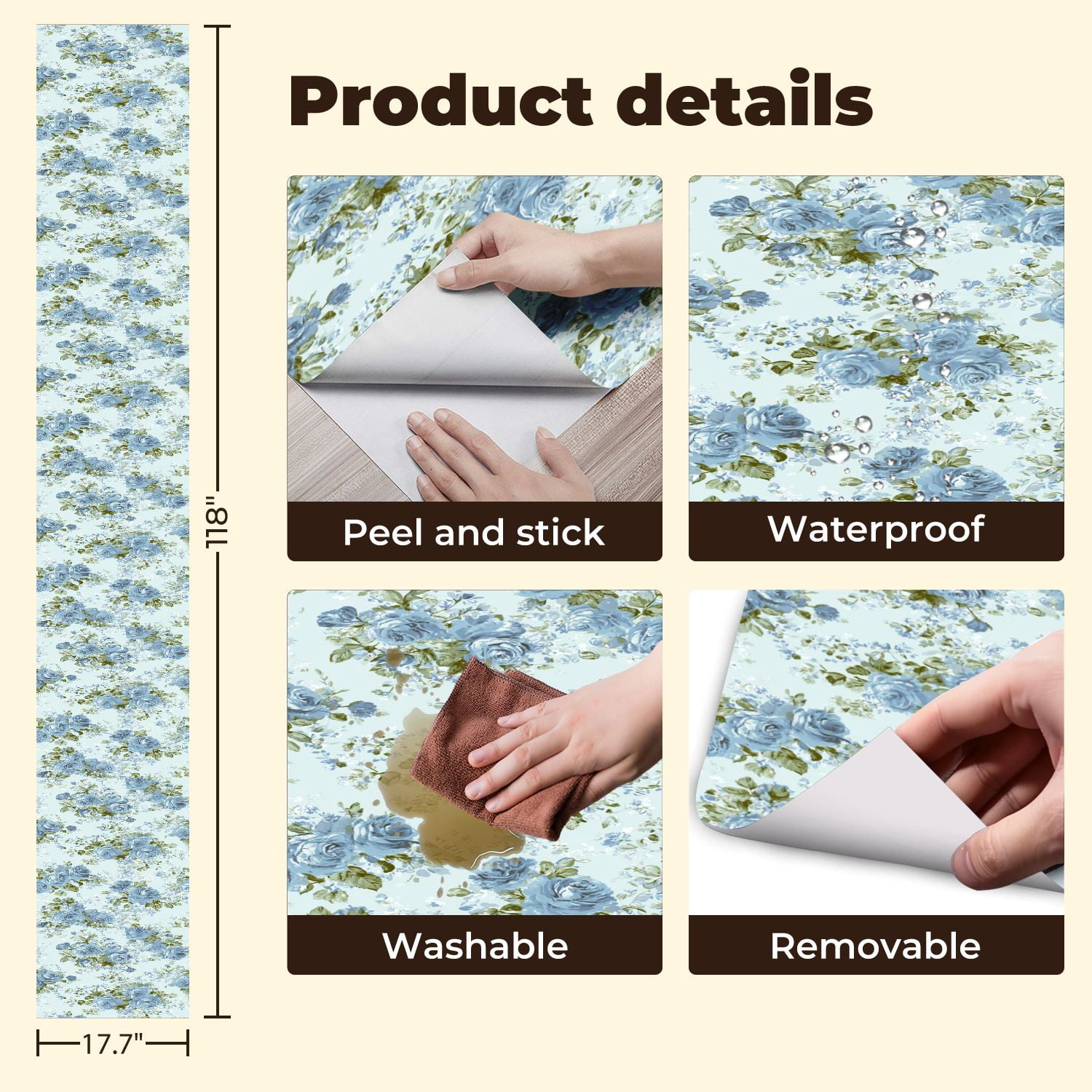 Flower Peel and Stick Wallpaper 17.7in x 9.8ft Blue Rose Floral Soft Green Accents Light Contact Paper Vinyl Waterproof Self Adhesive Wall Paper for Bedroom Shelf Cabinet Renter Friendly
