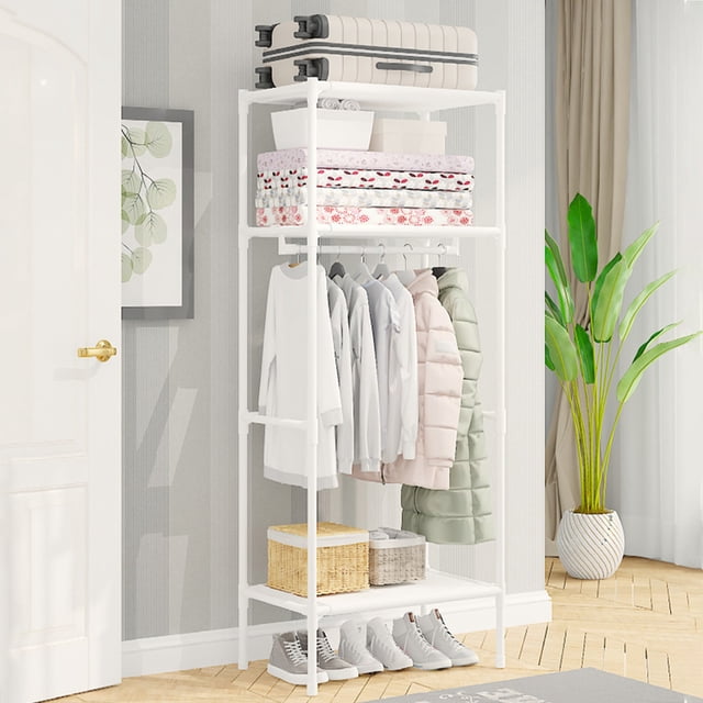 Portemanteau Blanc Autoportant Organisateur de Garde-Robe Arbre de Hall avec 2 Tablettes de Rangement Organisateur de Rangement d'Angle pour Entrée Chambre