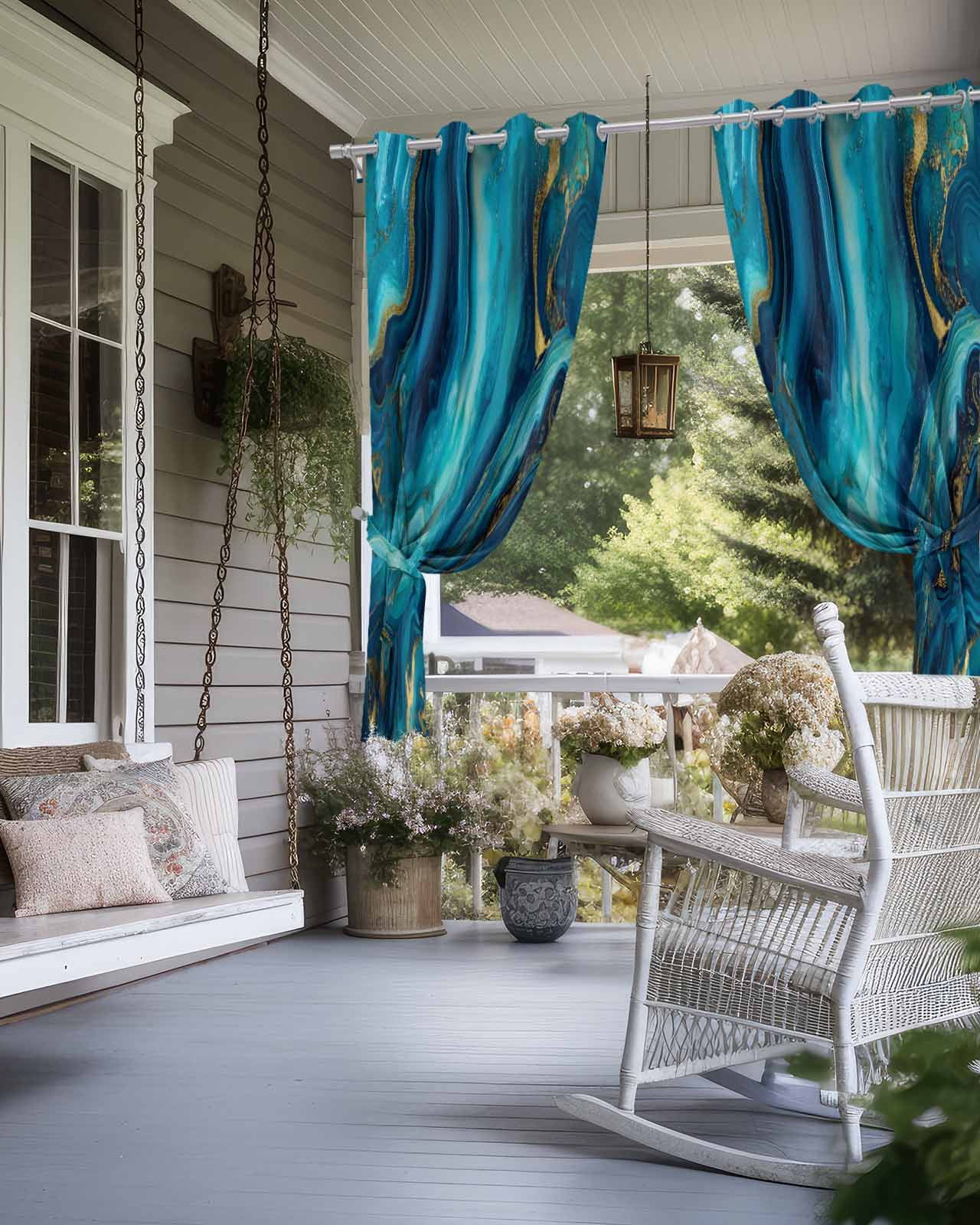 Outdoor Curtains for Patio, Teal Blue Marble Waterproof Blackout Outside Curtain for Porch/Pergola/Gazebo, Ink Painting Modern Abstract Yellow Thermal Insulated Drapes, 2 Panels, 54 x 84 Inch