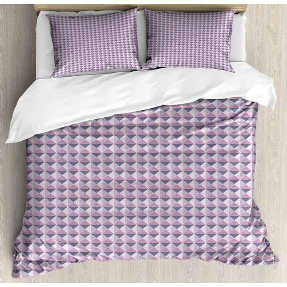Geometric Duvet Cover Set Queen Size, Ornamental Grid Style Arrangement with Triangles Monotone Design, Decorative 3 Piece Bedding Set with 2 Pillow Shams, Purplegrey Pink Bluegrey, by Ambesonne