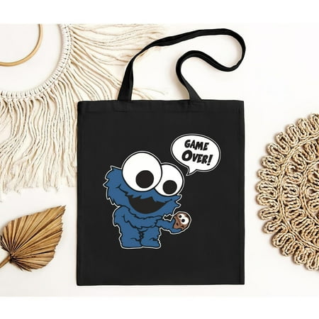 vintage Funny Cookie Monster Tote Bag Game Over Nerd Gifts-Black-TH4272