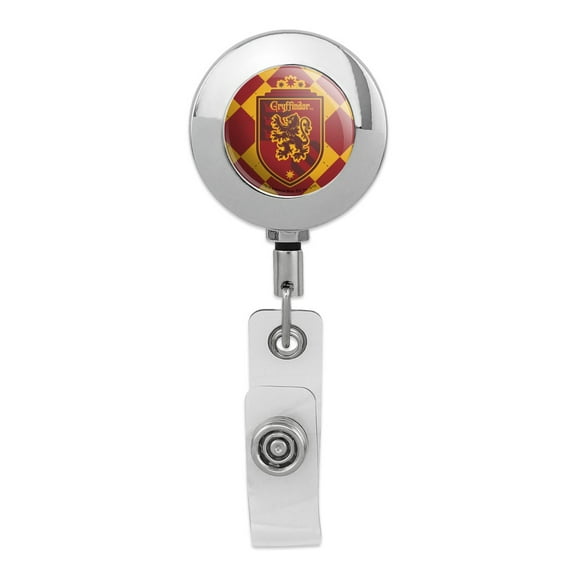 Harry Potter Gryffindor Plaid Sigil Retractable Reel Premium Metal Chrome Badge ID Card Holder Clip