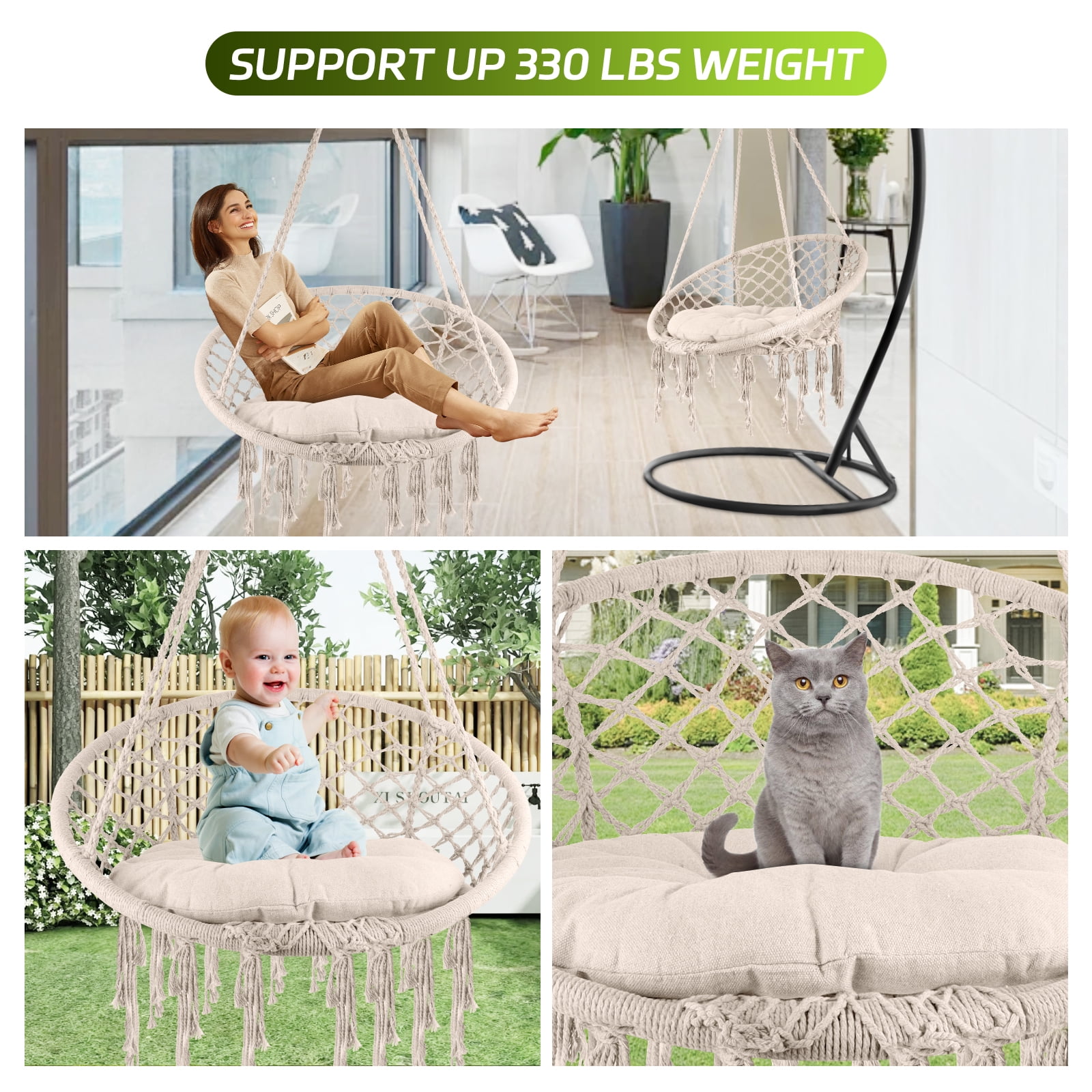 Macrame Hammock Chair Rope Swing, Hanging Cotton Kits - Hand-Woven Rope, Steel Spreader Bar Anti-Slip Rings, Cream White, Firmly Woven, Easy Assembly, Soft, for Porch Patio