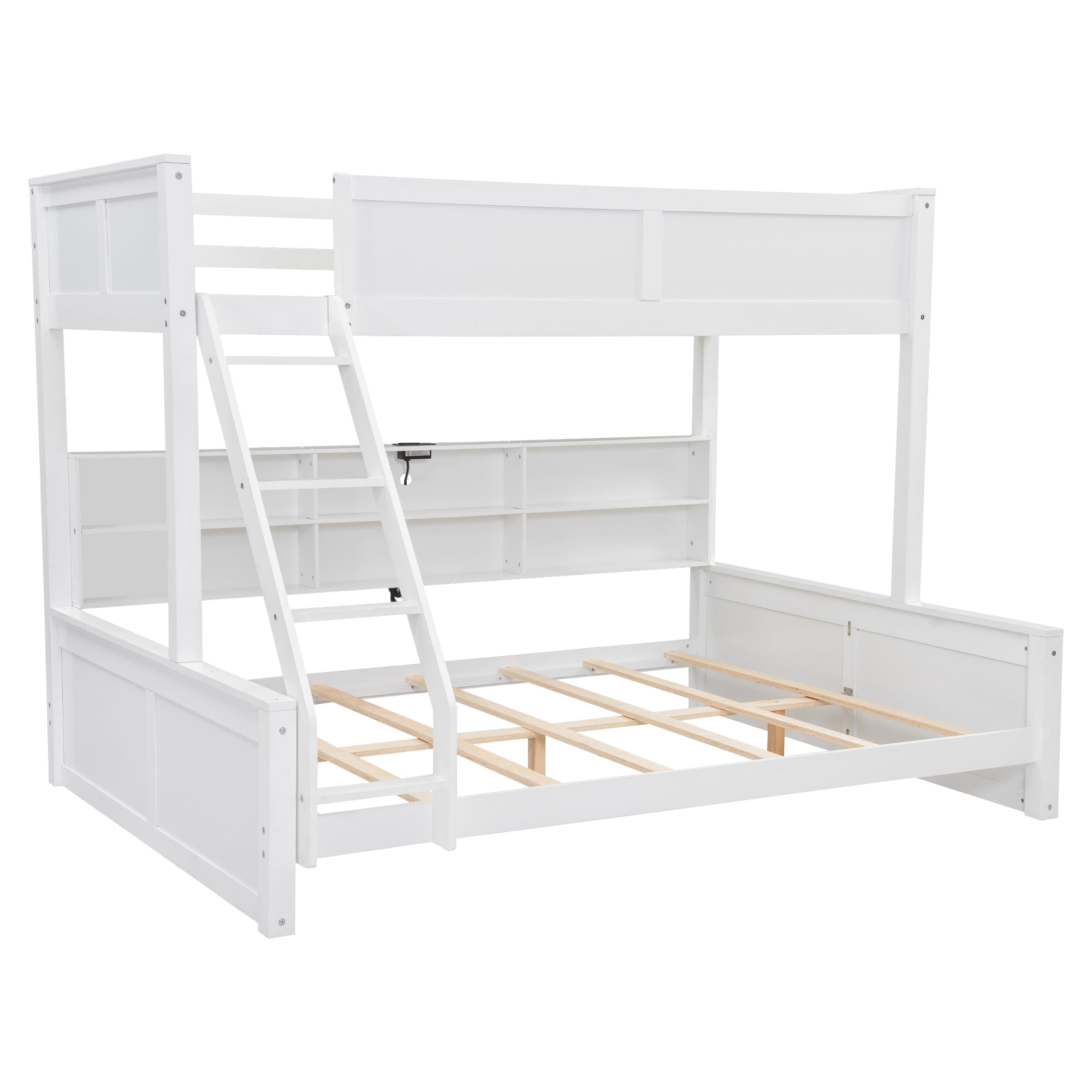 Twin XL over Queen Bunk Bed, Solid Pine Wood Bunk Bed with Built-in Storage Cabinets, Charging Station, Ladder,Safety Guardrails, No squeaking for Teens & Adults