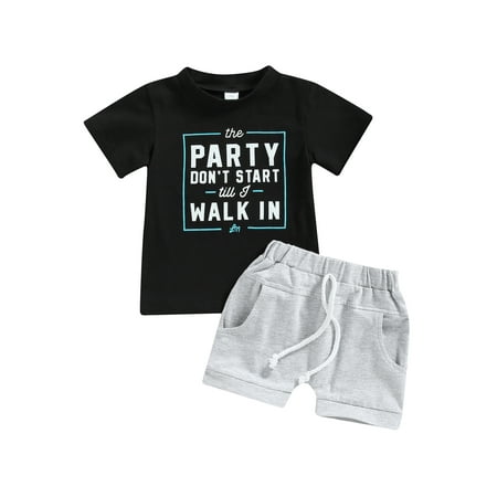 

Zervatek Toddler Boys Summer Outfit Sets Short Sleeve O Neck Letter Tops Solid Color Drawstring Shorts