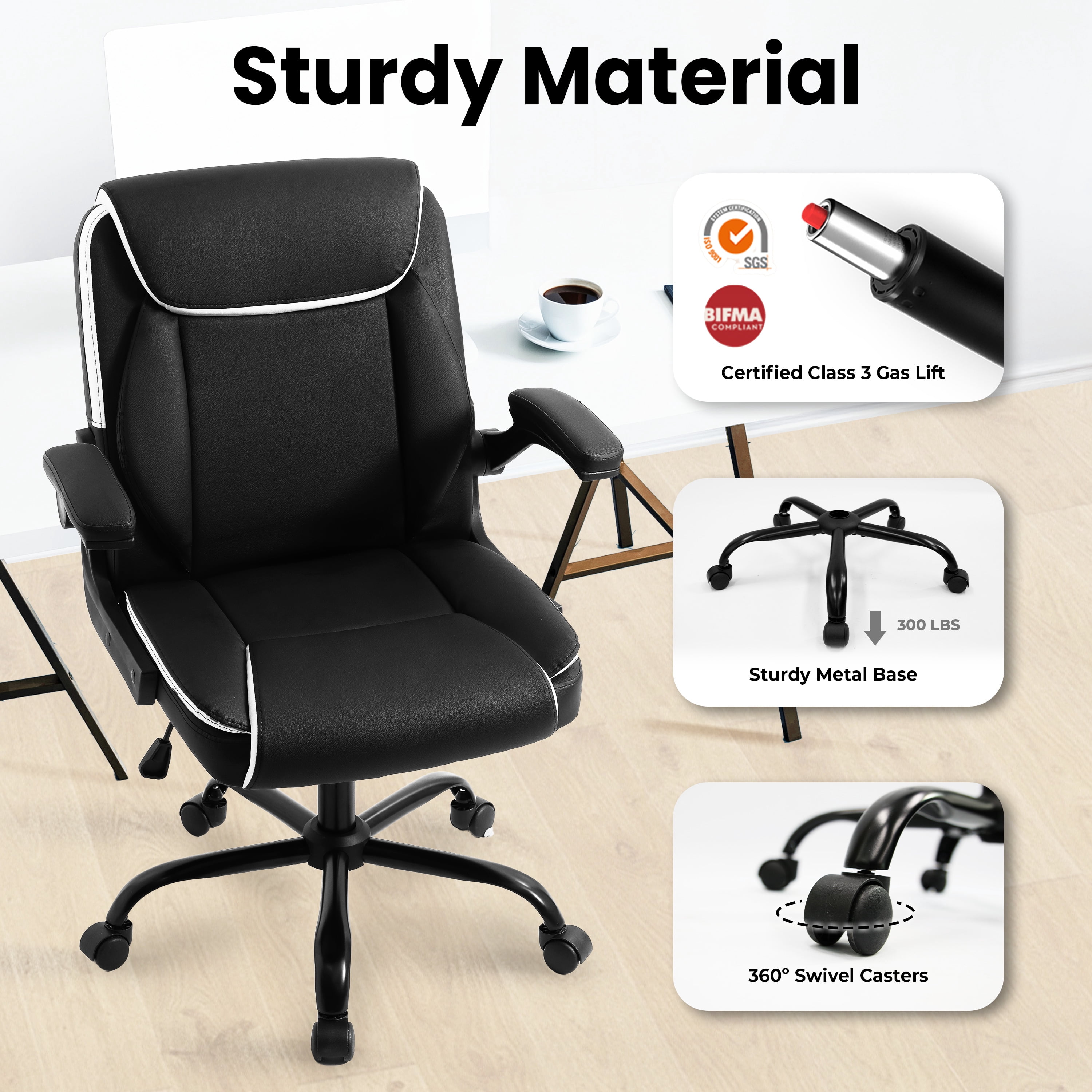 NEO CHAIR Desk Office Gaming Computer Chair Ergonomic Executive Mid-Back Leather with Adjustable Padded Flip-Up Armrests Cushion Wheels Swivel for Home Study Task (Black White)