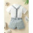 thumbnail image 3 of Bagilaanoe 2Pcs Newborn Baby Boys Overalls Shorts Set Short Sleeve Romper Tops with Bow Tie + Suspender Short Pants 3M 6M 9M 12M 18M InfantGentleman Formal Outfits, 3 of 9