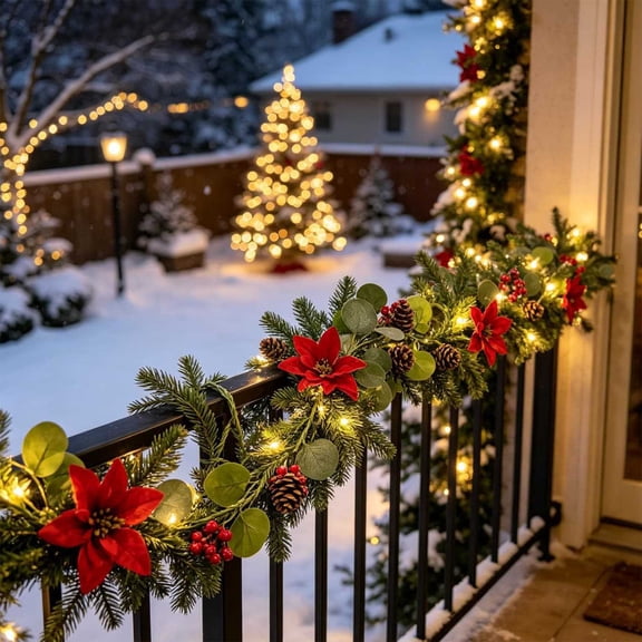 Bcylexb Christmas Floral Garland, 5.7 Ft Artificial Pine Needle Vines with Flower Table Decor Faux Hanging Greenery Garland for Christmas Table Stair Wall Indoor Home