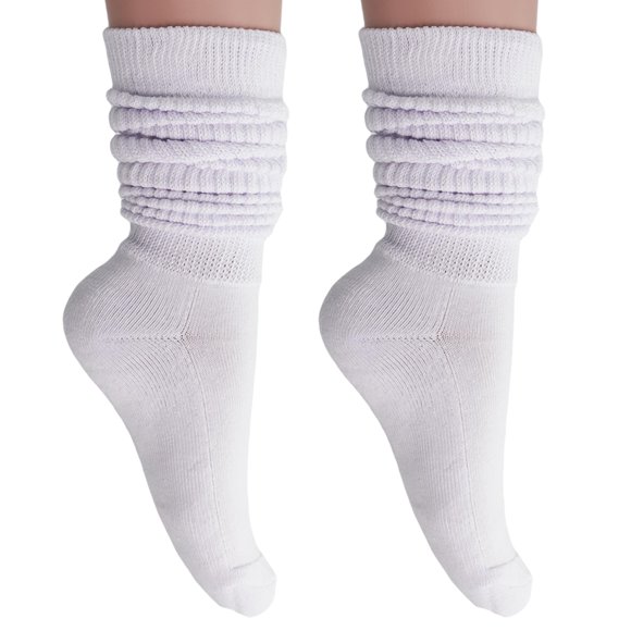 AWS/American Made Slouch Scrunch Socks for Women Knee High Cotton Socks Shoe Size 5 to 10 (White, 2 Pairs)
