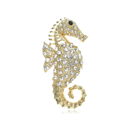 Clear Crystal Cute Golden Tone Seahorse Sea Creature Brooch Pin Costume Jewelry