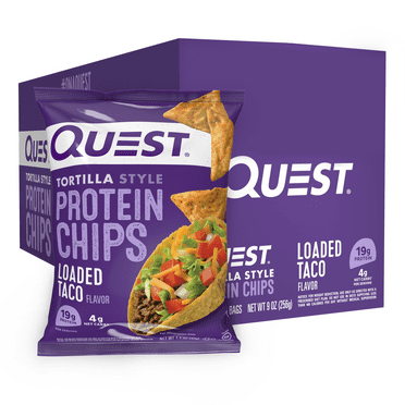 Quest Tortilla Style Protein Chips with 19g of Protein, Loaded Taco Flavor, 1.1 Oz Bags, 8 Count