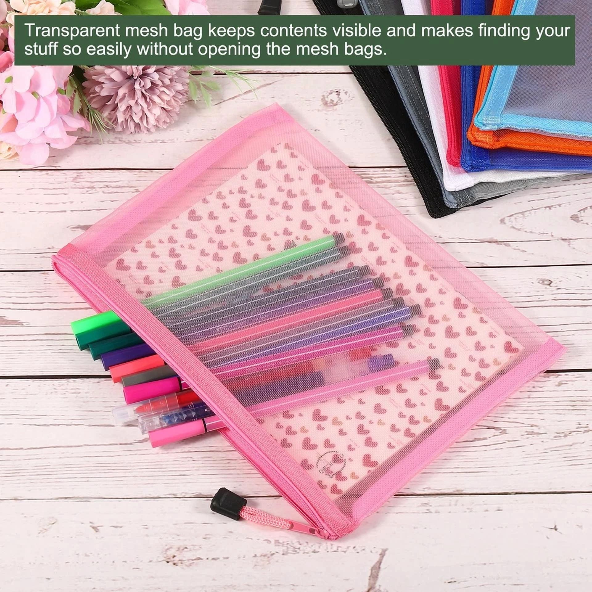 6 Pack Mesh Cosmetic Bags, A6 Nylon Pencil Cases | Zipper Organizer(Black)