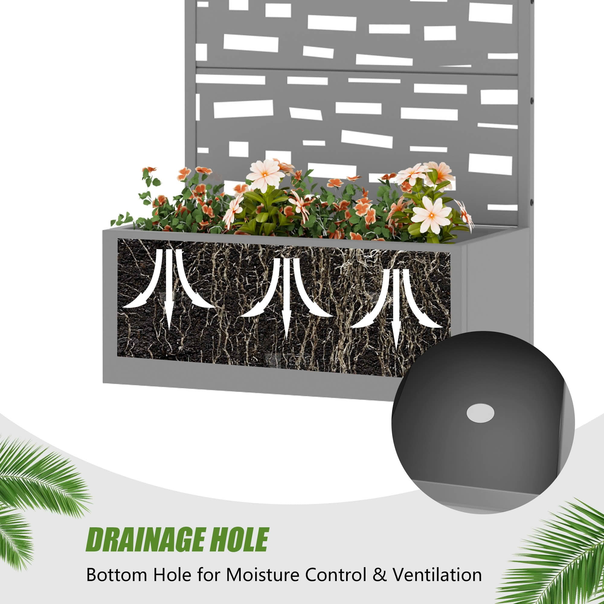MAYEERTY 59X30" Metal Outdoor Gray Privacy Screen with Planter Box for Backyard & Garden, 4 Piece Set