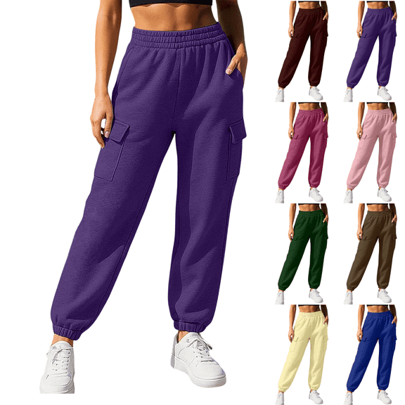 Sunnin Womens Cargo Jogger Sweatpants Elastic Waist Cuffed Ankle Pockets Relaxed Casual Lounge Trousers