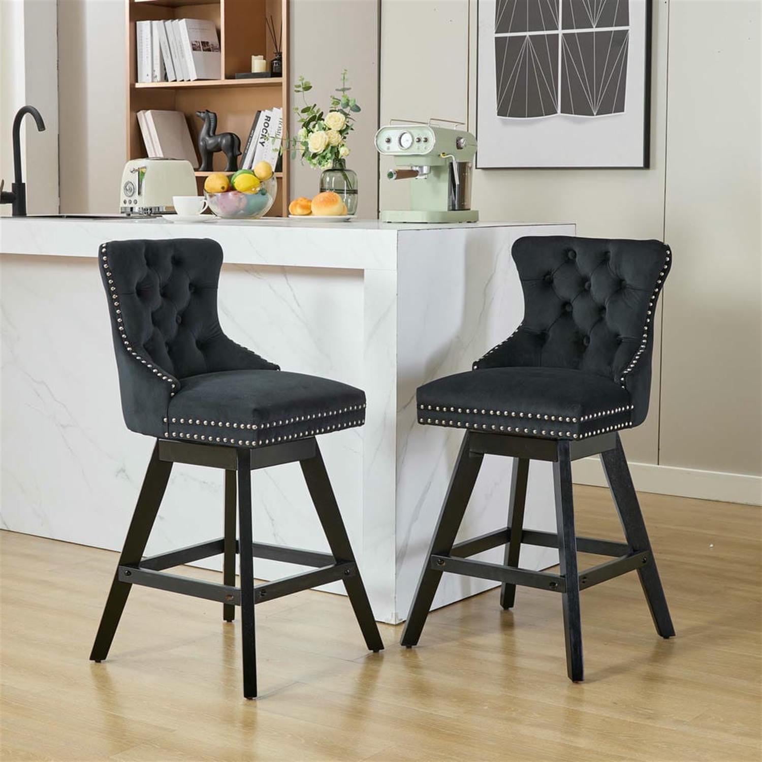 Demi Bonn 38" Counter Height Bar Stools Set of 2, Velvet Swivel Barstools with Button Tufted Back, Kitchen Island Countertop Chairs for Dining Room, Black