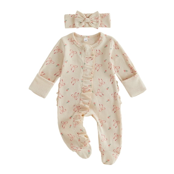 RUINIXCW Baby Girl 2Pcs Fall Outfits Long Sleeve Round Neck Bow Floral Print Jumpsuit with Headband Set