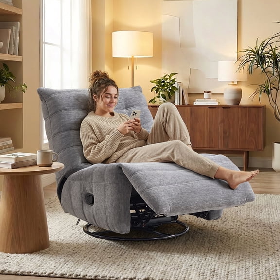 Bonzy Home Modern Swivel Rocker Recliner Chair, Manual Reclining Sofa with Plush Textured Fabric and Side Pocket, 330 lbs Capacity, Gray