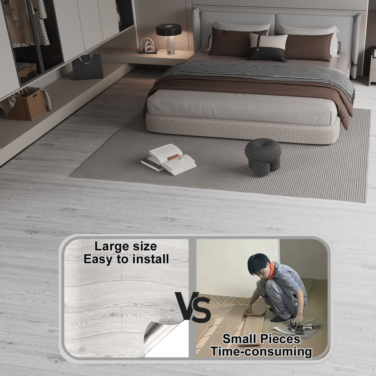 Vinyl Flooring Roll PVC Thickened Peel and Stick Floor Wood Plank Self Adhesive Flooring DIY 23.6" X 196" Light Gray