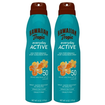Hawaiian Tropic Everyday Active Spray Sunscreen SPF 50, Hawaiian Tropic Sunscreen SPF 50, Sunblock, Oxybenzone No Sunscreen, Spray On Sunscreen, Body Sunscreen Spray SPF 50, 6oz each Twin Pack C35