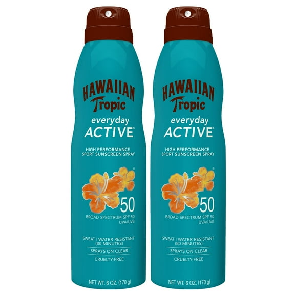 Hawaiian Tropic Everyday Active Spray Sunscreen SPF 50, Hawaiian Tropic Sunscreen SPF 50, Sunblock, Oxybenzone No Sunscreen, Spray On Sunscreen, Body Sunscreen Spray SPF 50, 6oz each Twin Pack C35