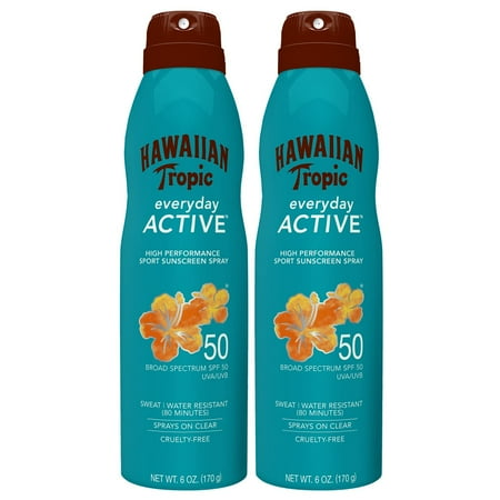 Hawaiian Tropic Everyday Active Spray Sunscreen SPF 50, Hawaiian Tropic Sunscreen SPF 50, Sunblock, Oxybenzone No Sunscreen, Spray On Sunscreen, Body Sunscreen Spray SPF 50, 6oz each Twin Pack C35