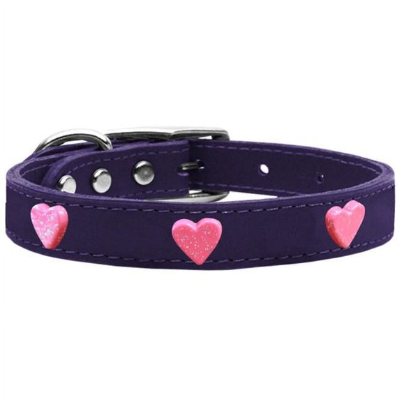 pink glitter heart widget genuine leather dog collar purple 14