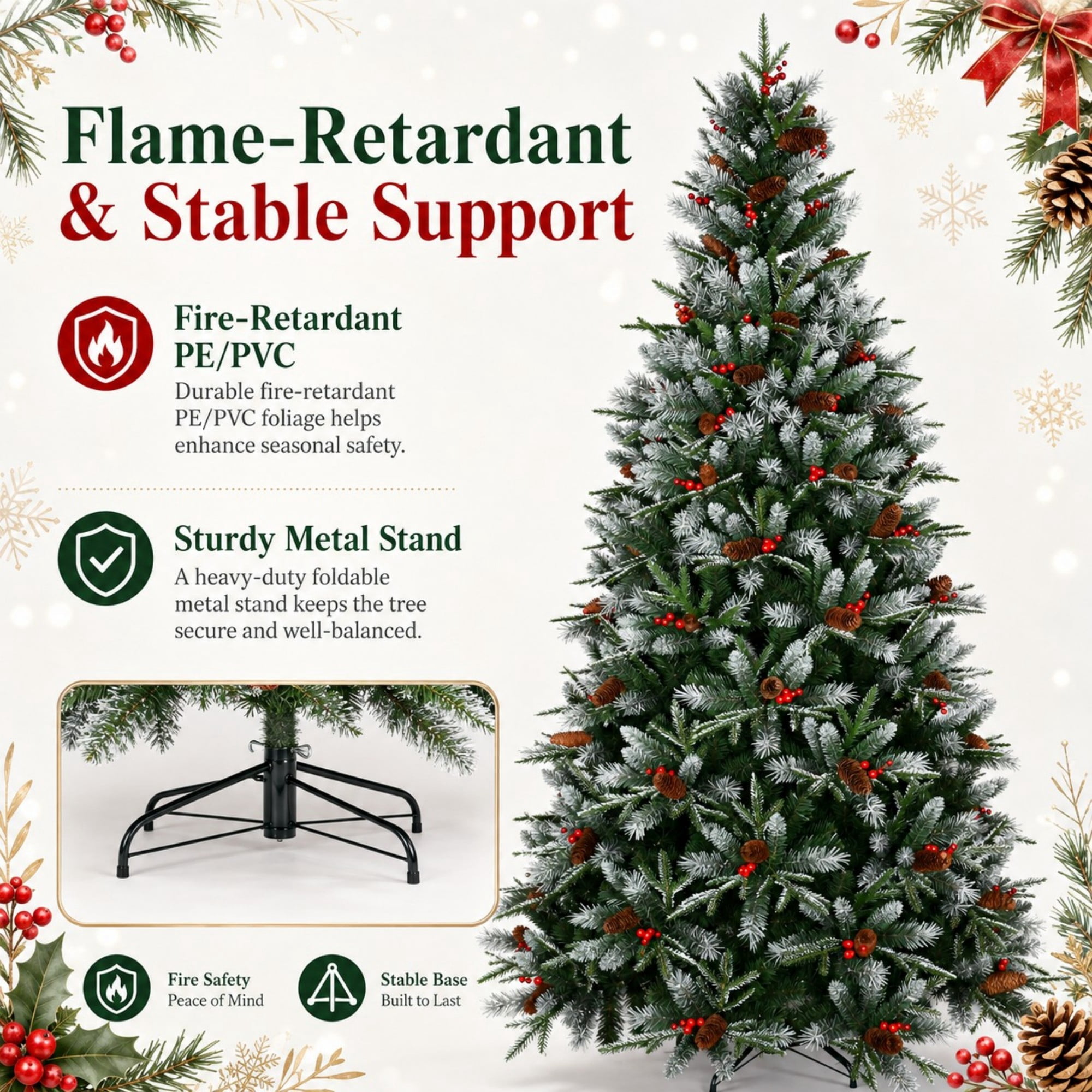 DEALTOPS 9 FT Pre-Lit Snow-Tipped Christmas Tree with Red Berries, Pine Cones, 750 Warm White LEDs & 3750 Tips