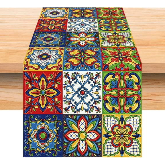 Linen Mexican Talavera Ceramic Tile Table Runner 72 Inches Long Mexican Fiesta Tablecloth Cinco De Mayo Party Decoration and Supplies for Table