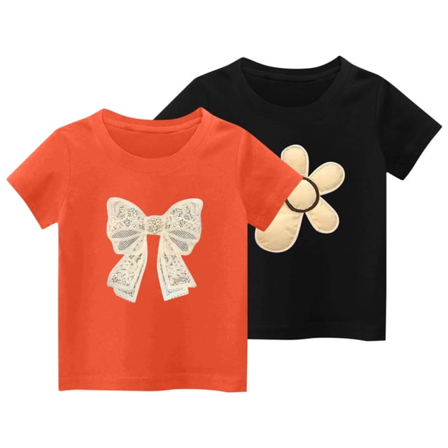 Odeerbi 2 Paquetes de Camisetas de Algodón de Niñas 2-11 Años Linda Impresión de Flores de Arco Camisetas de Manga Corta Tops de Verano Suaves Y Informales