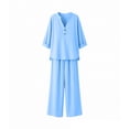 thumbnail image 6 of Linen Two Piece Outfits for Women Summer V Neck Button Down Tops Wide Leg Pants Set Casual Loose Matching Sets For Vacation, 6 of 7