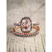 Sale: 1.50 Carat Peach Pink Morganite (Round cut) and Black Diamond Engagement Bridal Wedding Ring Set in 10k Rose Gold