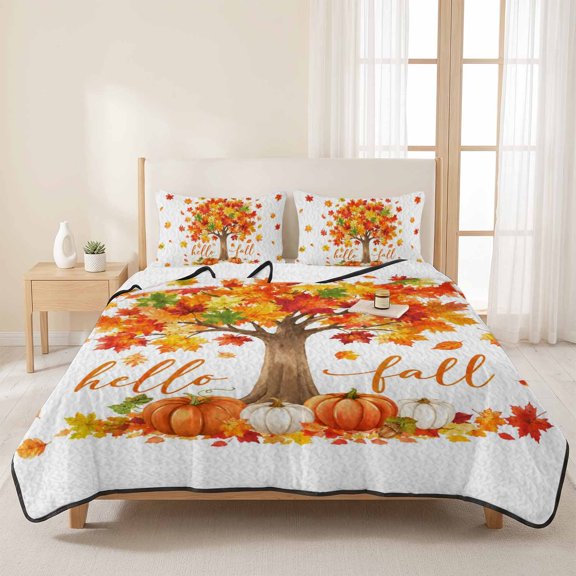 3 Pieces Queen Quilt Set,Thanksgiving Maple Tree Soft Bedding Sets with 1 Quilt & 2 Pillow Shams,Hello Fall Words Pumpkins Summer Bedspread Lightweight Coverlet Comforter for All Season