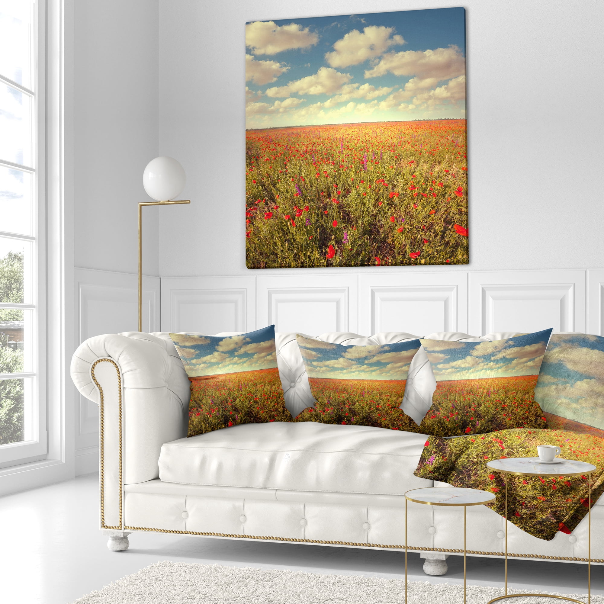 Designart Poppy Filed under Bright Sky - Floral Throw Pillow - 18x18
