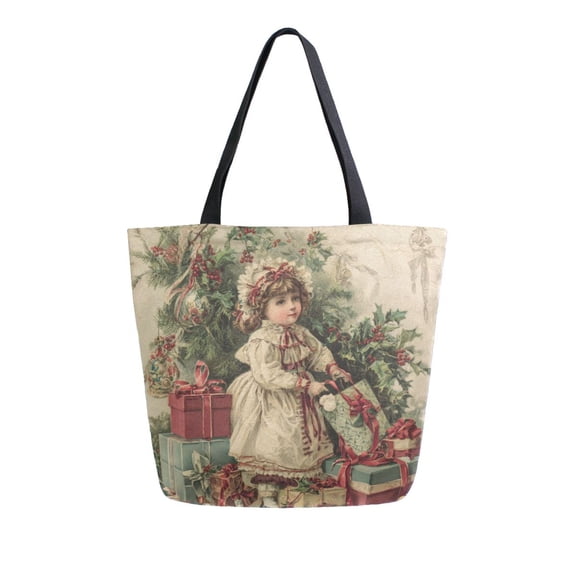 Open Top Canvas Tote Bag with Zipper Reusable Shopping Bag 13.5x15" Roomy Carryall Nostalgic Christmas Atmosphere