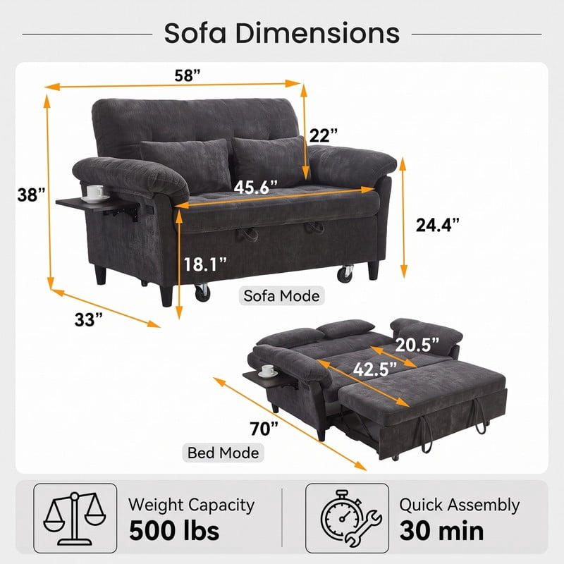 Gewnee 58" Convertible Sofa Bed, Loveseat Sleeper Sofa with USB Ports, Side Table& 6-in-1 Adjustable Backrest, Pull Out Sofa with Pillows for Small Spaces,Chenille(Black)