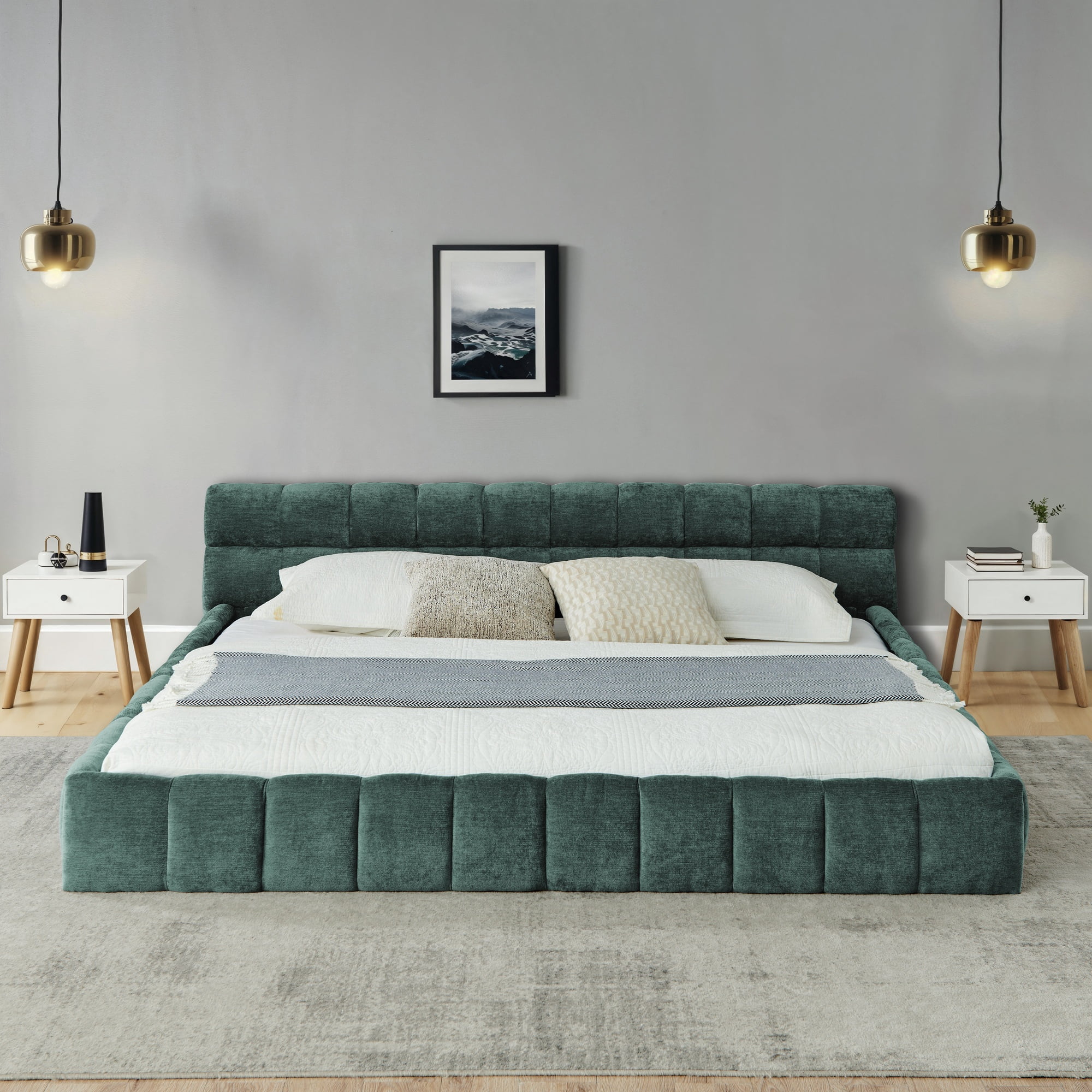 California King Upholstered Bed Frame with Thick Chenille Fabric, Grounded Platform Bed with Headboard, Solid Frame, No Box Spring Needed, Modern Bedroom, Green