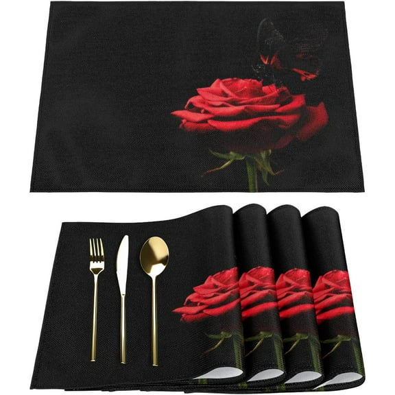 Butterfly Rose Placemats Set of 4 Rectangle Table Mats Washable Heat-Resistant Place Mat for Kitchen Dining Table Decor Indoor Outdoor