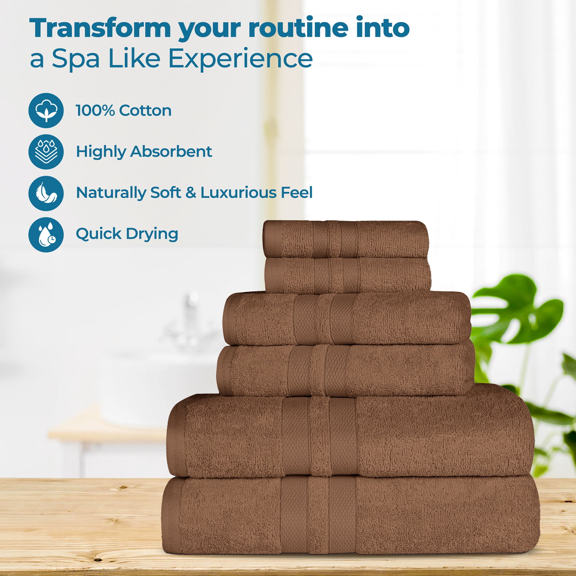 Superior Ultra Soft Cotton Solid 6-Piece Towel Sets, Chocolate