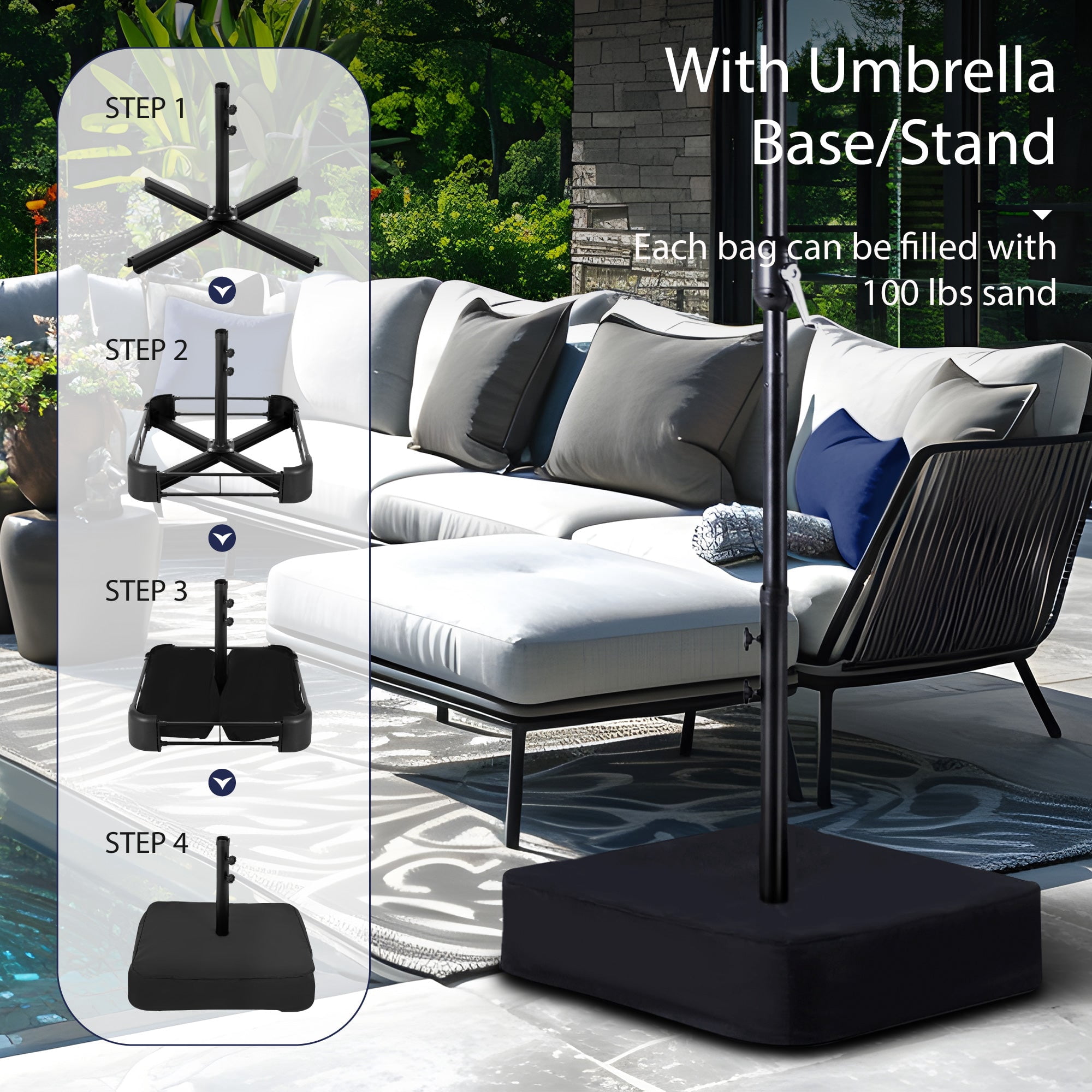 Alpha Joy 15ft Extra Large Outdoor Patio Double-Sided Umbrella with Solar Lights & Umbrella Base, Navy Blue