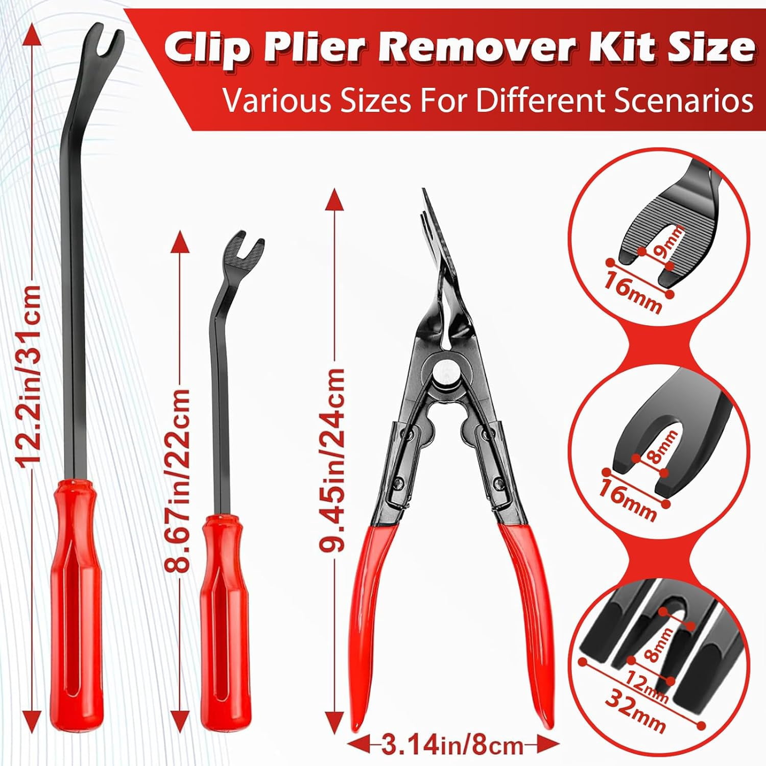 7 Pcs Car Trim Removal Tool Kit with Non-Scratch Plastic Pry and Fastener Clip Pliers for auto Safe Interior Panel Detachment, Dashboard, Door Clips & Upholstery – Red