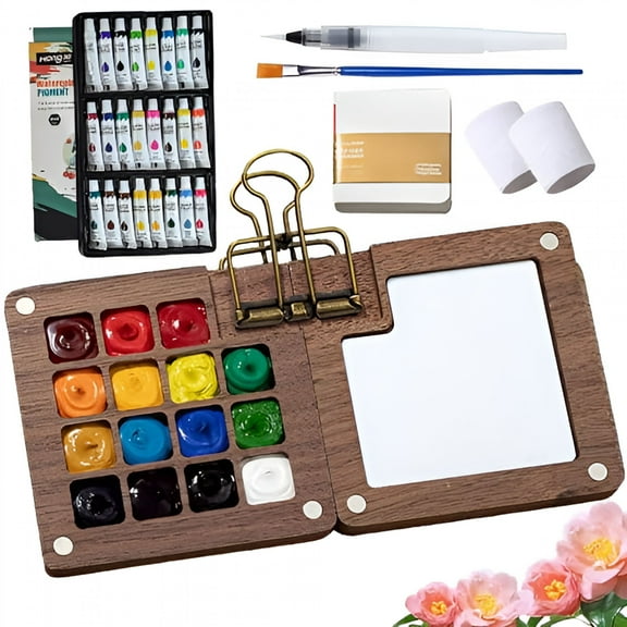 CCOCC Watercolor Kit, Mini Watercolor Set with A Picture Book & Wrist Towels, Mini Watercolors Paint Set for Beginners with 12/24 Color Paints (Walnut-15 Grids)