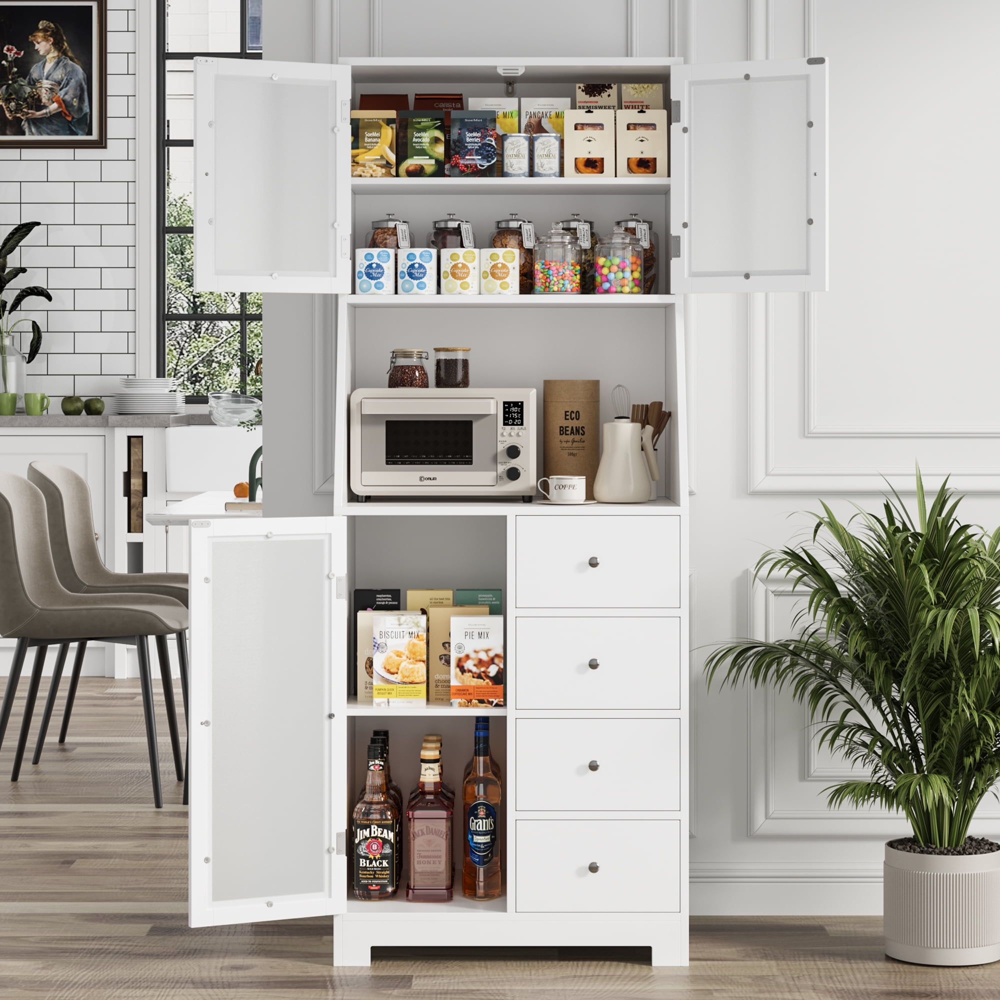Homfa 64.1'' Kitchen Pantry with Microwave Shelf, 4 Drawers Storage Cabinets with Glass Door for Dining Room, White